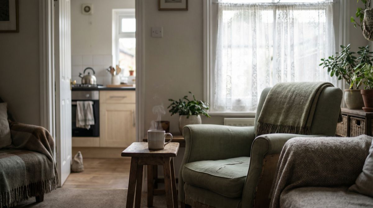A warm, sunlit living room with a green armchair, a steaming cup of tea, and net curtains, the kind of home Signal Homecare helps keep safe